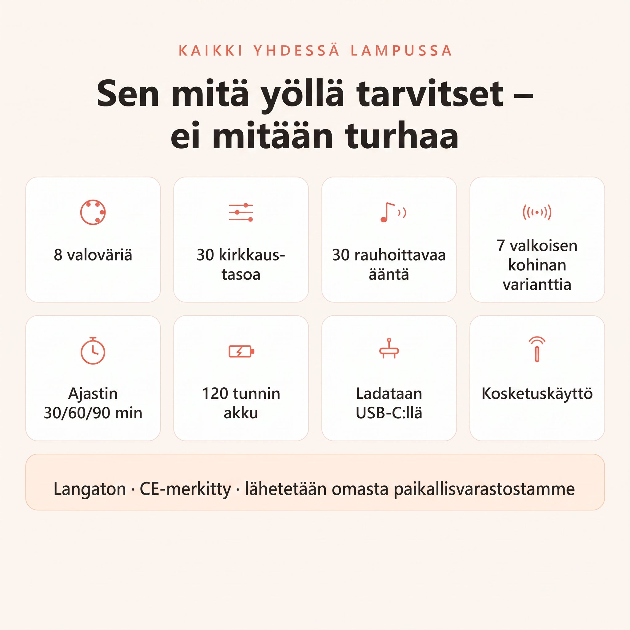 Ominaisuudet: 8 valoväriä, 30 ääntä, ajastin ja 120 tunnin akku