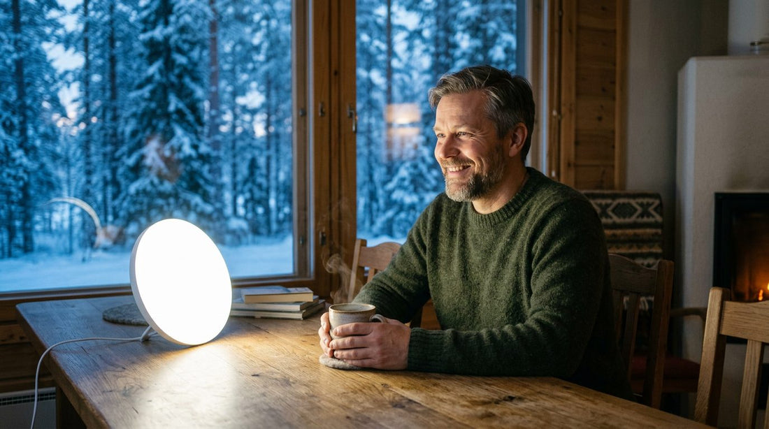 Mies istuu keittiön pöydän ääressä talviaamuna kirkasvalolampun vieressä